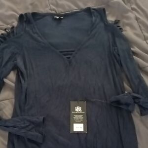 Dark Blue Long Sleeve Cold Shoulder Top